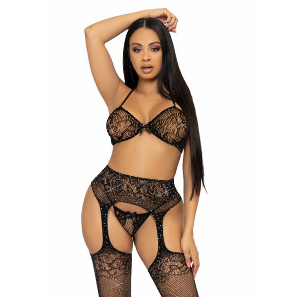 LEG AVENUE - SET TRES PIEZAS SUJETADOR, TANGA Y MEDIAS TALLA ÚNICA - NEGRO