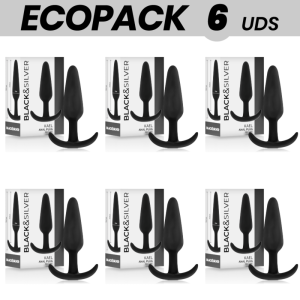 ECOPACK 6 UDS - BLACK&SILVER KAEL PLUG ANAL SILICONA CON ASA MEDIANO