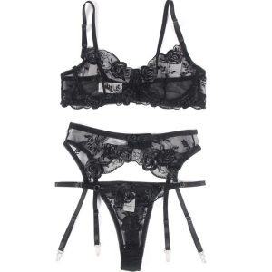 BRUMA SECRET - ELISABETH SET TRES PIEZAS DE ENCAJE ESTAMPADO FLORAL NEGRO XL/XXL